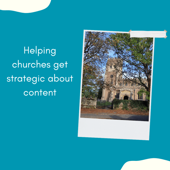 Graphic with photo of a church and autumn trees. Wording reads helping churches get strategic about content.